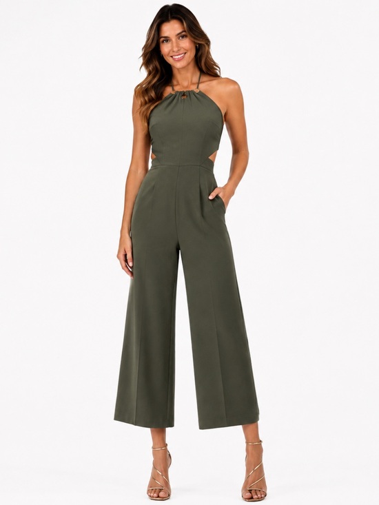 Pants - NWT Romeo + Juliet Couture Olive Green Halter Cutout Wide Leg Jumpsuit M